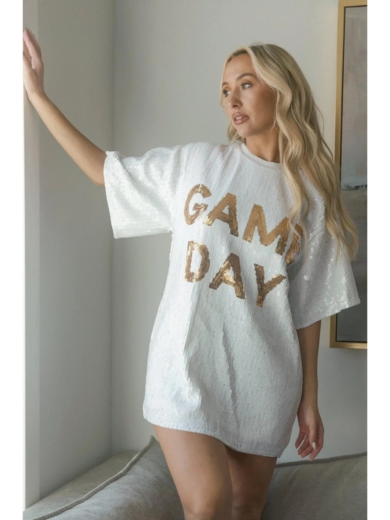 Impressions Dresses & Skirts - Impressions White Sequin 'GAME DAY' Mini Dress with Gold Lettering